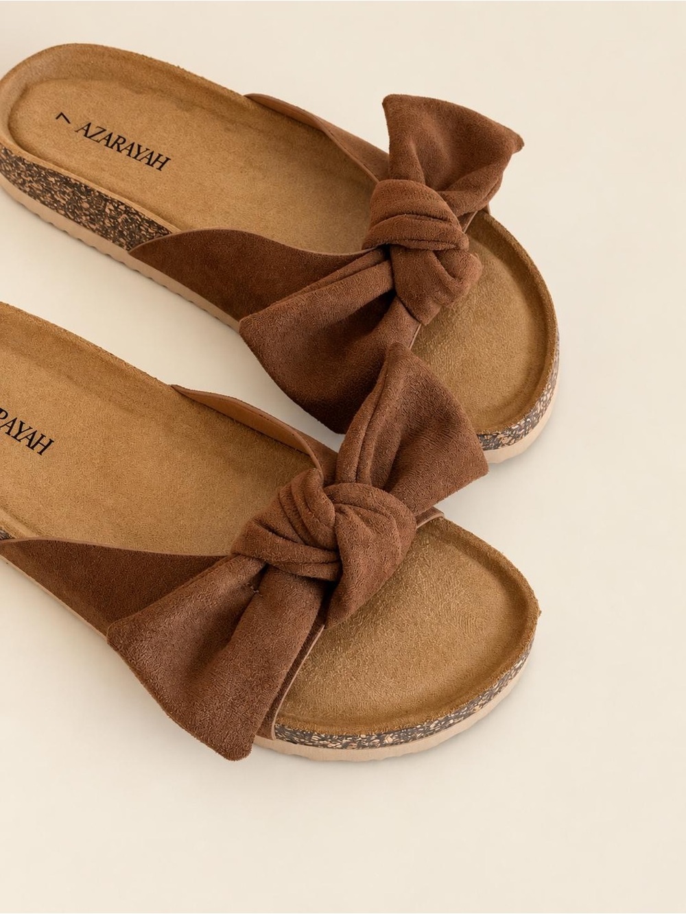 AZARAYAH Women’s Oversized Bow Slide Sandals Cork Footbed Slip-On Flats